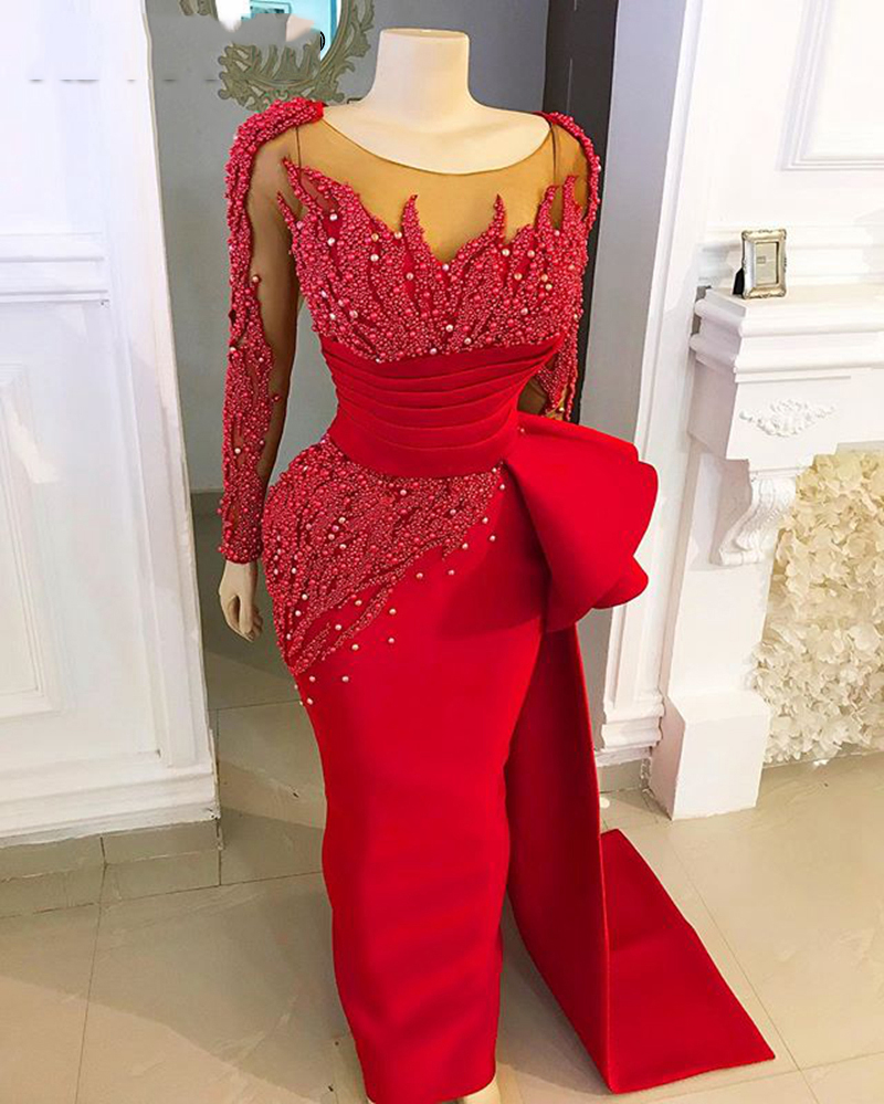 Long Sleeve Elegant Evening Dresses 2023 Red Lace Applique Beaded Mermaid Modest Luxury Formal Evening Gown Robe De Soiree 2024