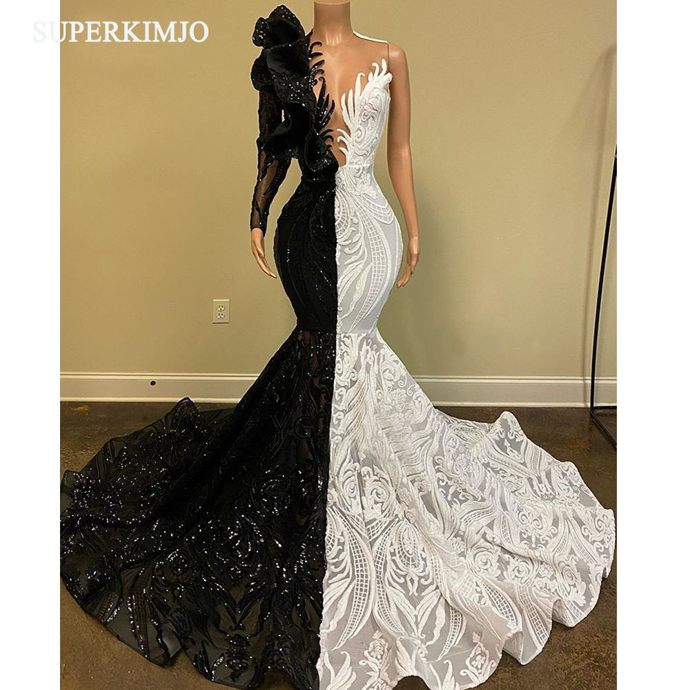 Black And White Luxury Evening Dresses Long Sleeve Sparkly Mermaid Modest Elegant Vintage Formal Party Dresses Robe De Soiree Abendkleider