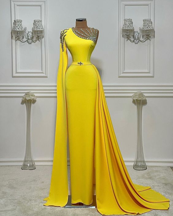 Beaded Yellow Prom Dresses Long 2024 Elegant Dubai Fashion Modest Prom Gowns Robe De Soiree 2023