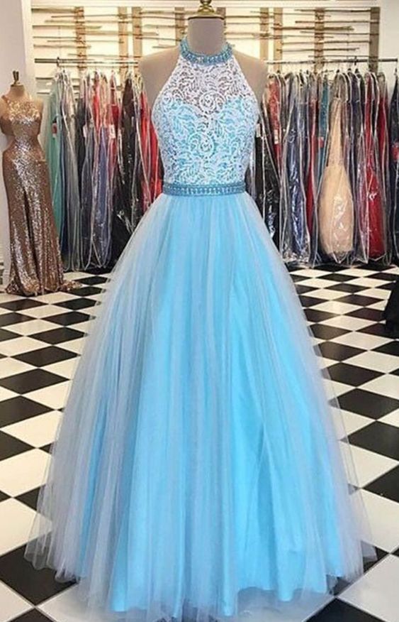 O Neck Blue Prom Dresses Long A-line Beaded Lace Applique Tulle Prom Gown Pageant Dresses For Women Vestido De Fiesta