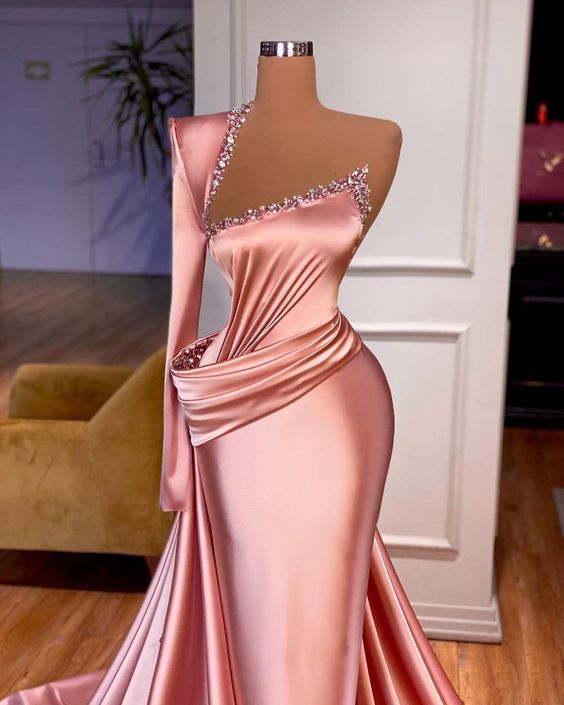 Pink Evening Dresses Long One Shoulder Modest Beaded Elegant Luxury Formal Party Dresses Vestido De Fiesta De Longo