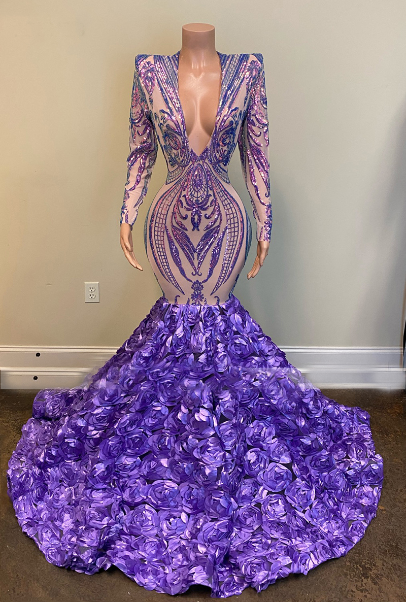 Sparkly Purple Evening Dresses 2024 Long Sleeve V Neck Elegant Mermaid Modest Sequin Applique Formal Evening Gown Vestido De Fiesta 2023