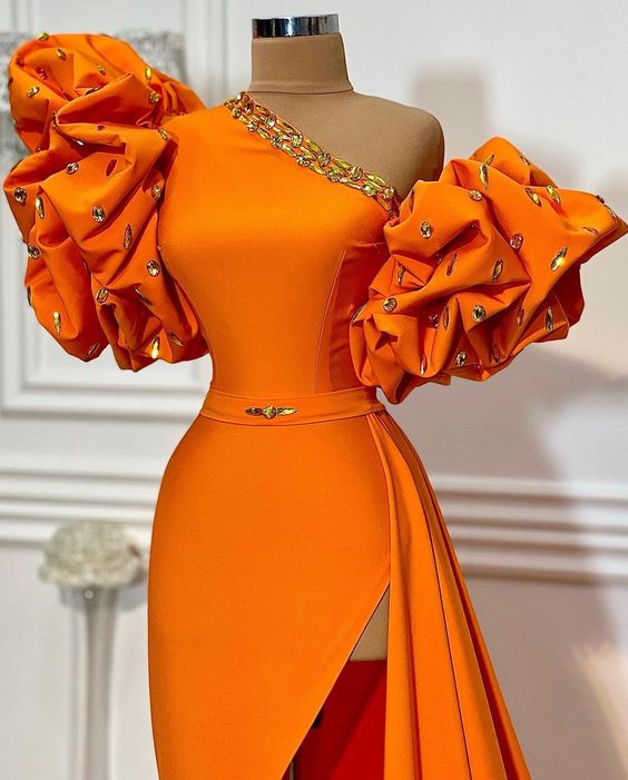 One Shoulder Unique Evening Dresses Long Orange Beaded Mermaid Elegant Simple Formal Evening Gown Vestidos De Fiesta