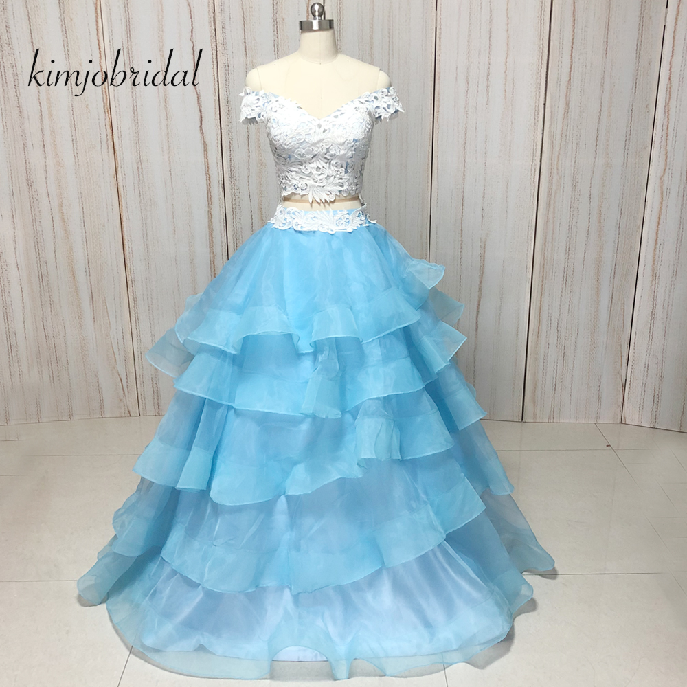 Short Sleeve Blue 2 Piece Prom Dresses Vestido De Longo Tiered Elegant Lace Prom Gown Robe De Cocktail