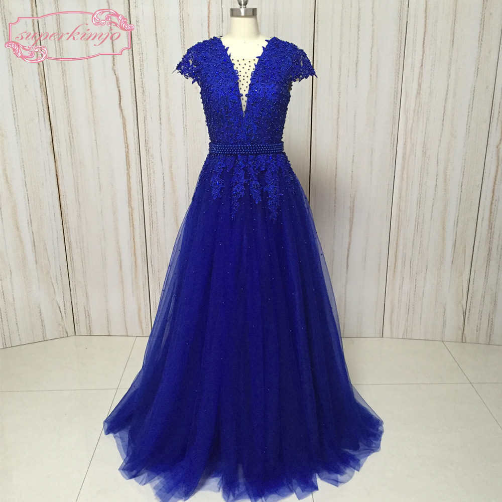 Royal Blue Lace Applique Prom Dresses Long A Line Beaded V Neck Senior Prom Gown 2023 Robe De Soiree 2024