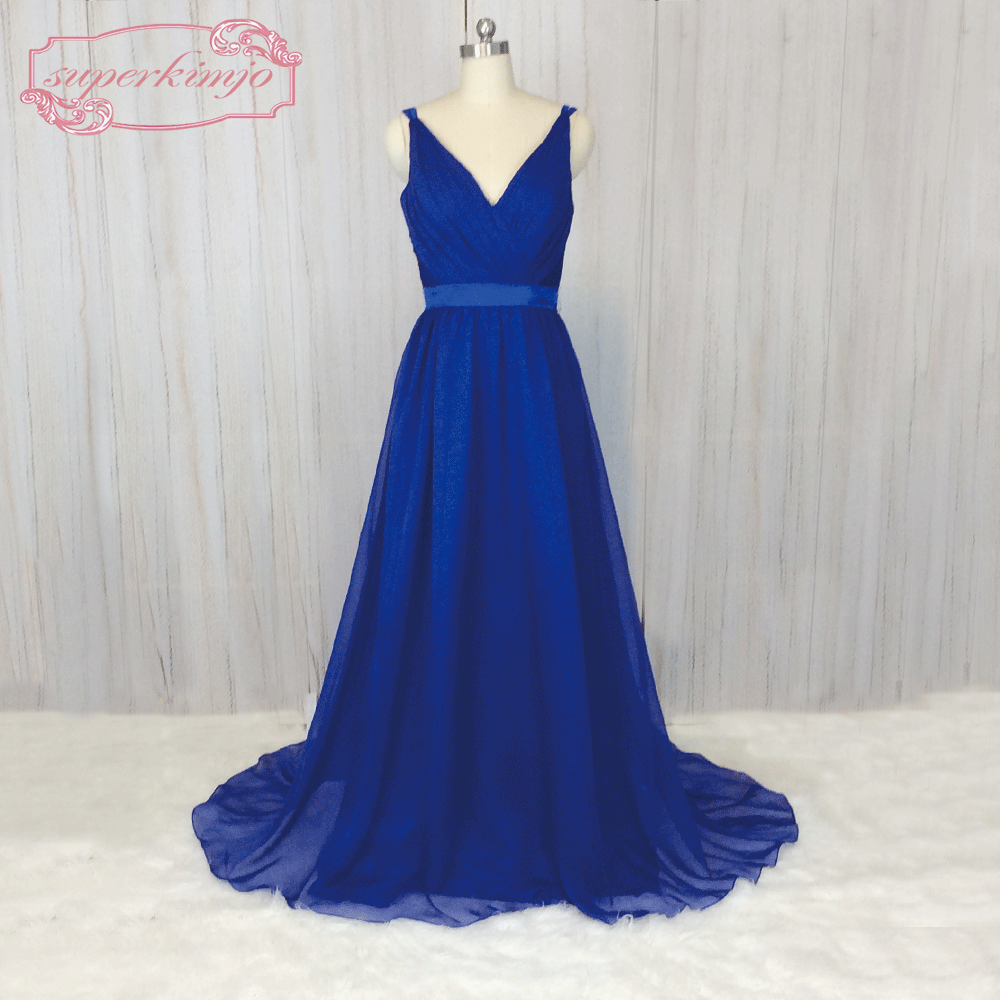 Royal Blue Chiffon Bridesmaid Dresses Long V Neck A Line Custom Wedding Party Dress Vestido De Novia