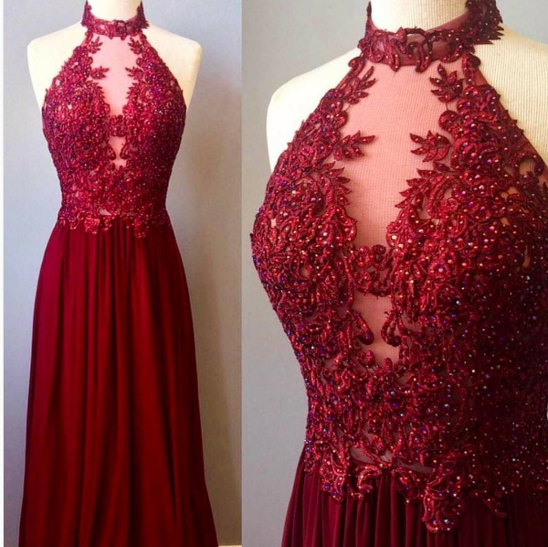 Burgundy Prom Dresses Beaded High Neck A-line Chiffon Lace Prom Gown Vestidos De Fiesta