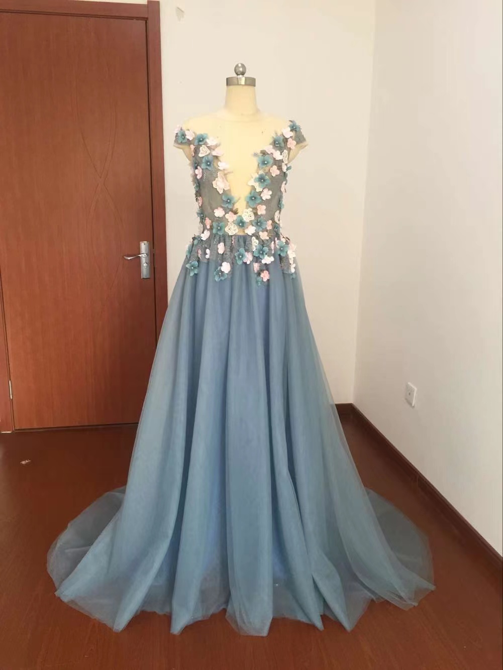 Cap Sleeve 3d Flowers Prom Dresses 2023 Tulle Lace Gray Prom Dresses 2024 Robe De Cocktail