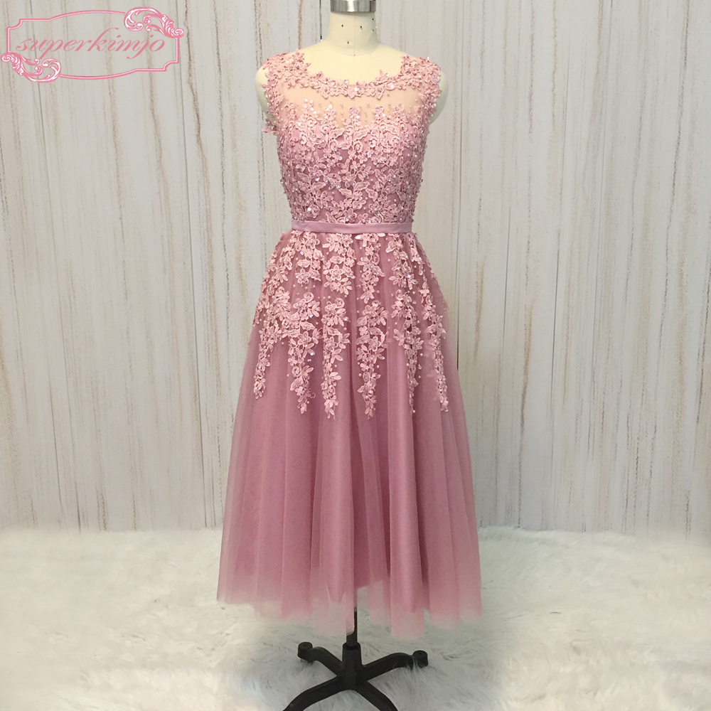 Tea Length Pink Prom Dresses 2023 Lace Applique Beaded Elegant Prom Gown Robe De Cocktail 2024