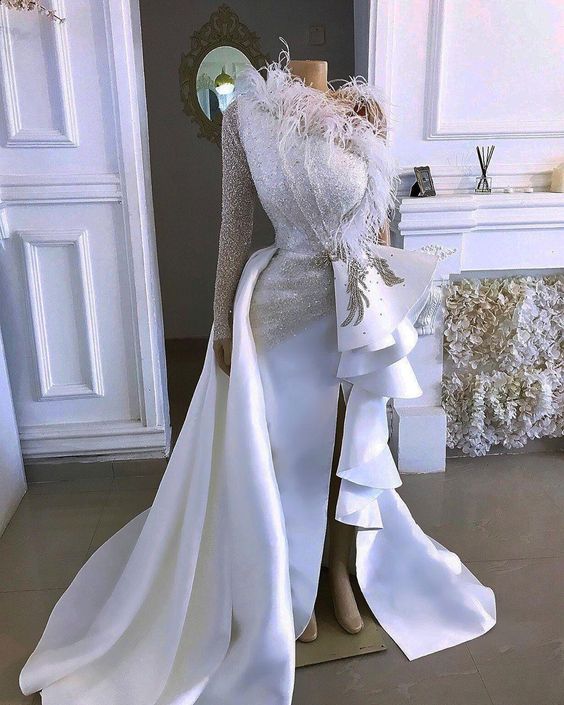 One Shoulder White Evening Dresses Long Elegant Feather Sparkly Modest Simple Formal Dress Vestidos De Fiesta