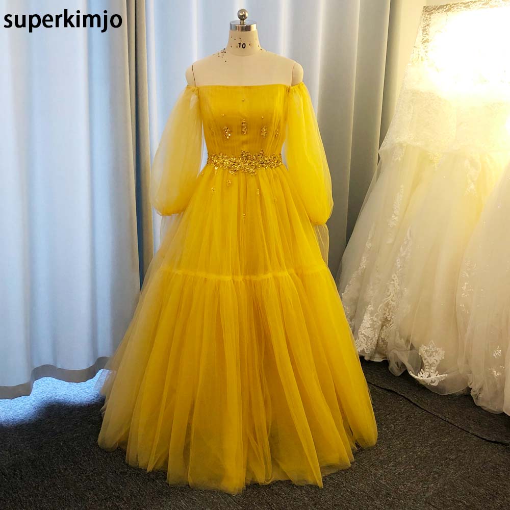 Long Sleeve Beaded Prom Dresses 2023 Boat Neck Yellow Tulle A Line Prom Gown 2024 Robe De Cocktail