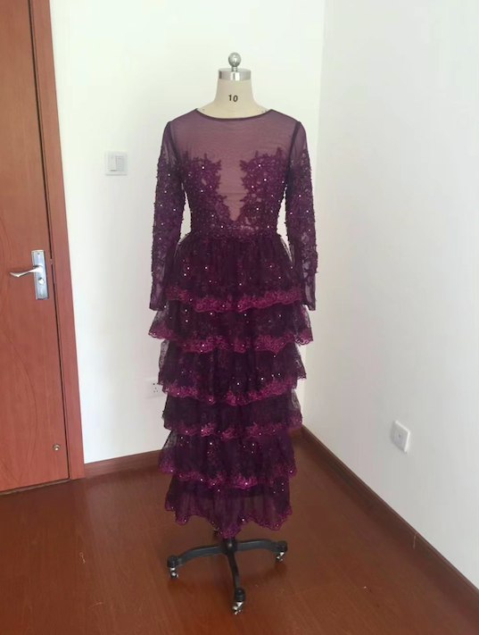 Abendkleider Long Sleeve Evening Dresses Lace Applique Beaded Tiered Grape Purple Elegant Formal Evening Gown Vestidos De Fiesta