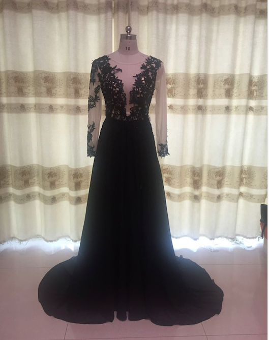 Black Prom Dresses Long Sleeve V Neck Chiffon A-line Lace Applique Prom Gown Robe De Soiree
