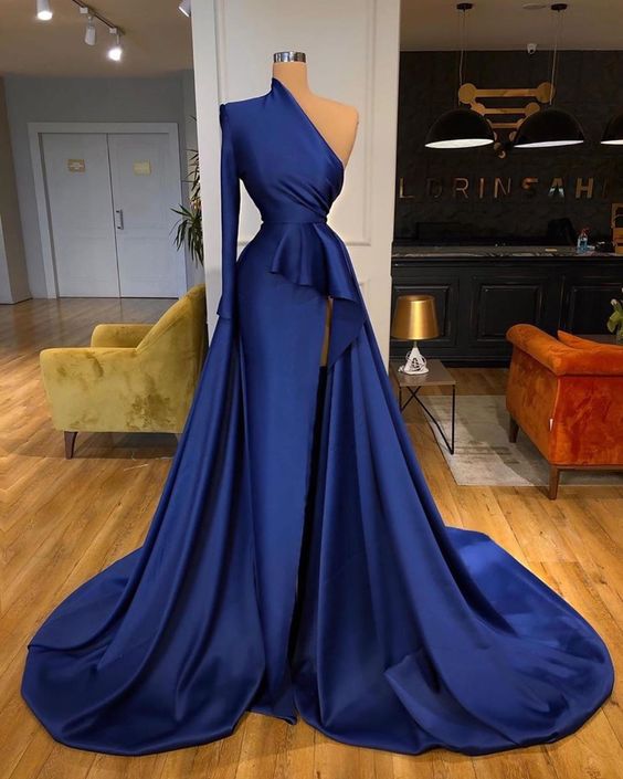 One Shoulder A Line Prom Dresses Long Sleeve Satin Elegant Simple Royal Blue Prom Gown Vestidos De Fiesta Robe De Bal