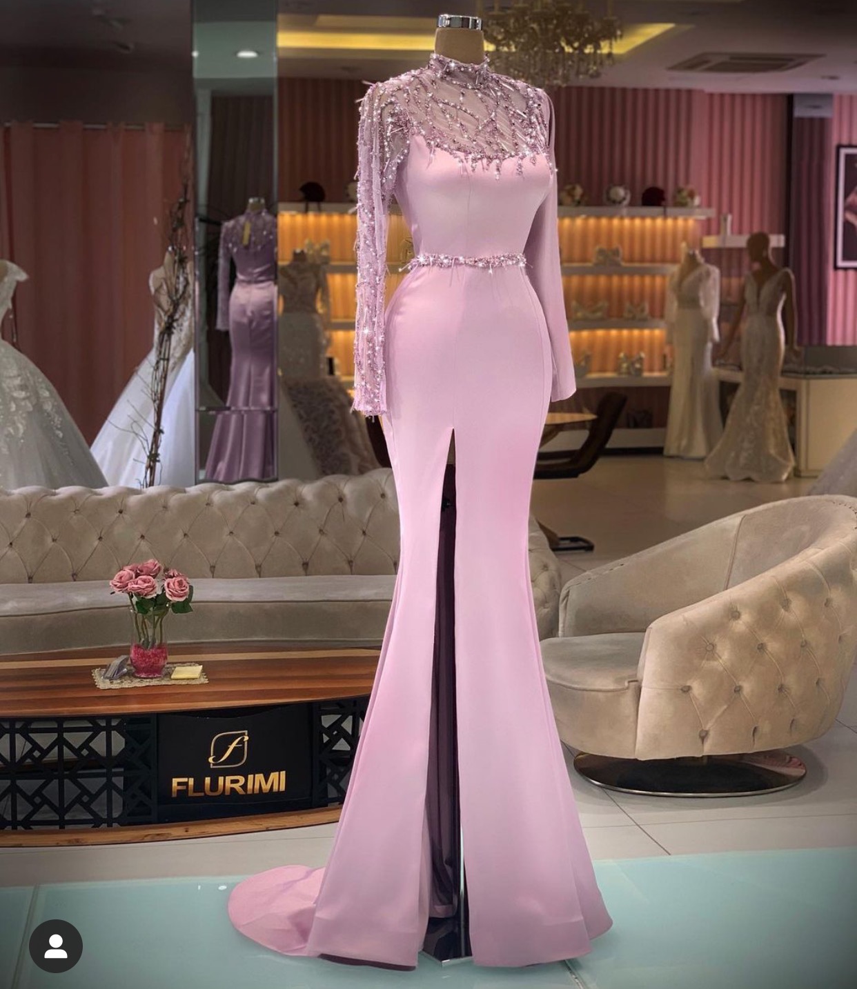 Vestidos De Noche High Neck Pink Evening Dresses Long Sleeve Beaded Luxury Feather Formal Evening Gown Robe De Soiree