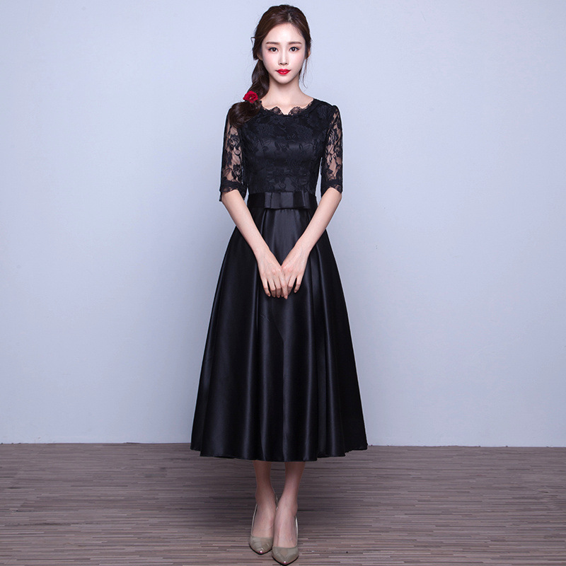 Black Vintage Prom Dresses Satin Ankle Length Lace Prom Gown Robe De Soiree