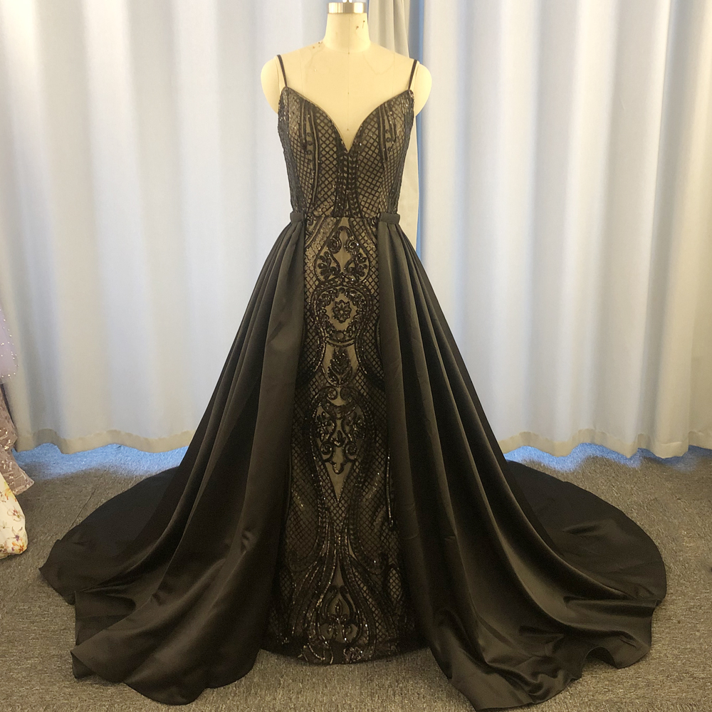 Detachble Skirt Vintage Prom Dresses Sequin Applique Black Spaghetti Strap Elegant Prom Gown Robe De Soiree