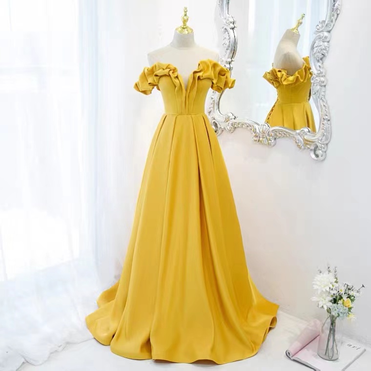 Off The Shoulder Yellow Prom Dresses Long Chiffon A Line Elegant Simple Prom Gown Vestidos De Fiesta