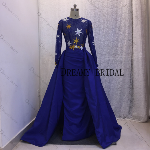 Long Sleeve Royal Blue Prom Dresses 2024 Detachable Skirt Satin Elegant Luxury Simple Prom Gown Vestido Longo 2023