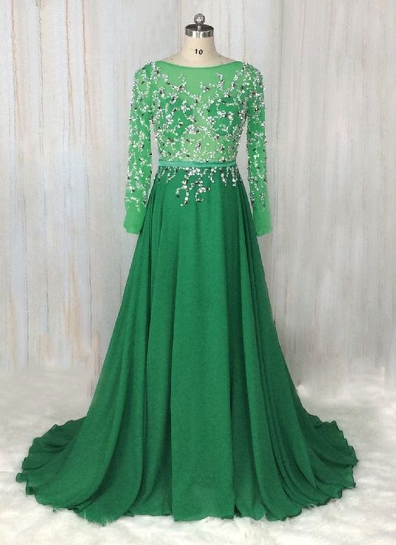 Long Sleeve Green Prom Dresses 2021 Beaded Chiffon A Line Elegant Prom