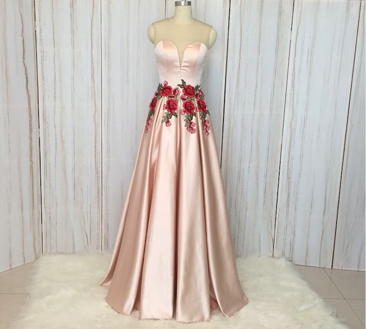 Abendkleider Pink Prom Dresses Long A Line Satin Embrodiery Applique Elegant Prom Gown Vestido De Noche