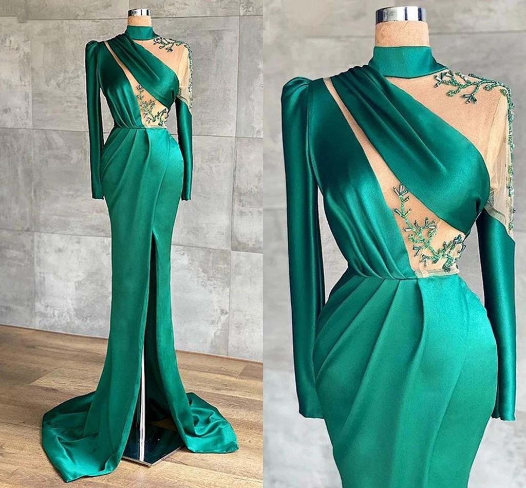 Long Sleeve Green Evening Dresses 2023 High Neck Lace Applique Satin Mermaid Elegant Formal Evening Gown 2024 Vestido De Longo