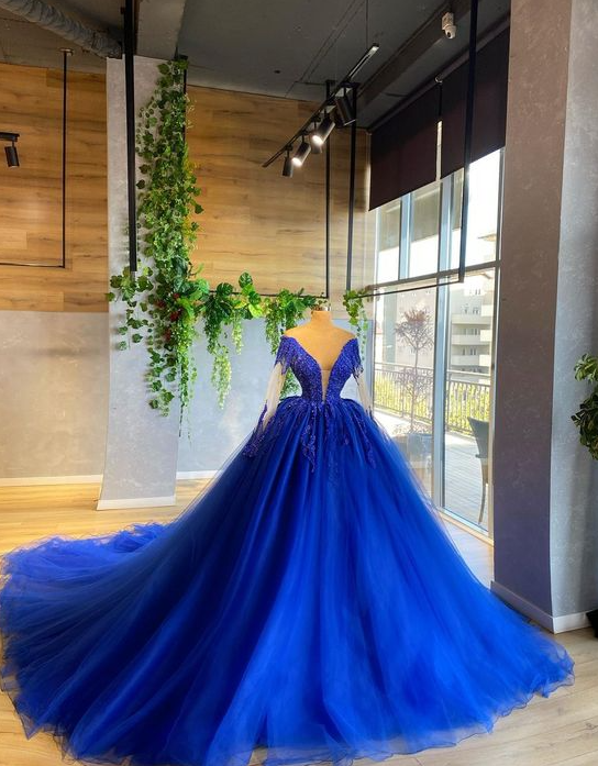 long sleve royal blue prom dresses ball gown lace applique beaded vintage tulle elegant princess prom gown vestido de graduacion