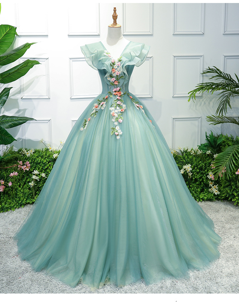 V Neck Prom Dress, Green Prom Dresses, Tulle Prom Dress, Embroidery Applique Prom Dress, Prom Gown, Prom Dresses 2023, 2024 Prom Dresses,