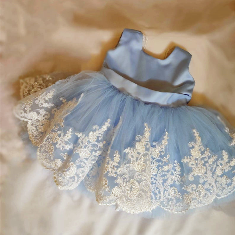Baby Girl Dresses For Birthday Party Blue Lace Applique Beaded Flower Girl Dress First Communion Dresses