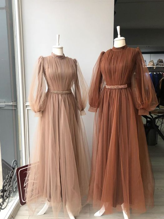Long Sleeve Prom Dresses High Neck Tulle Brown Vintage A Line Simple Beaded Prom Gown Robes De Cocktail