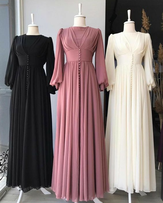 Vintage Simple Prom Dresses Long Sleeve A Line Chiffon Floor Length Prom Gown Robes De Cocktail
