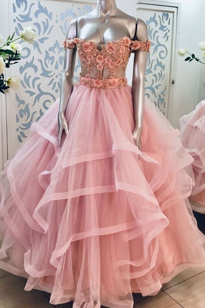 Tulle Prom Dresses 2024 Off The Shoulder Lace Applique 3d Flowers Dusty Pink Elegant Tiered Prom Gown 2025 Robes De Cocktail