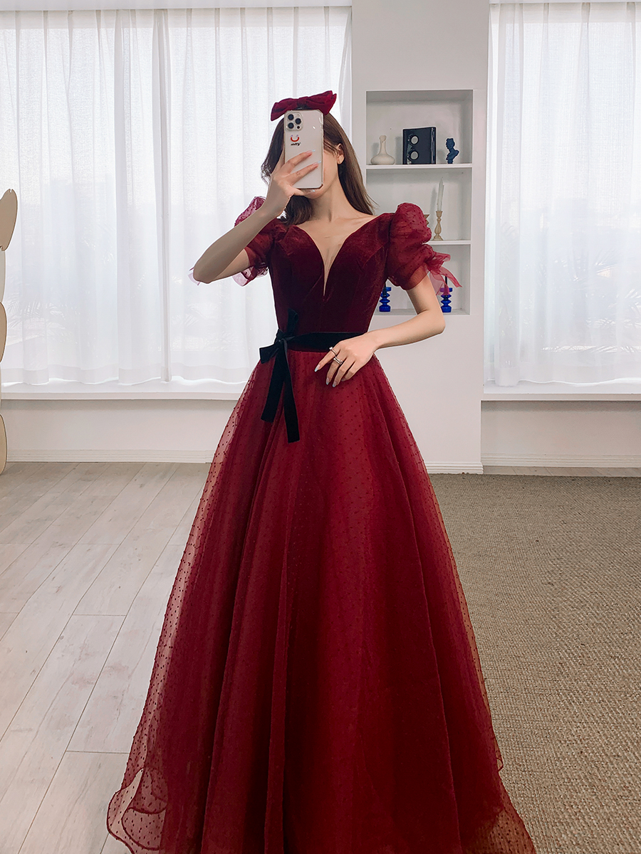 Burgundy Prom Dresses Long Sleeve A Line Tulle Simple Elegant Prom Gown Robes De Cocktail
