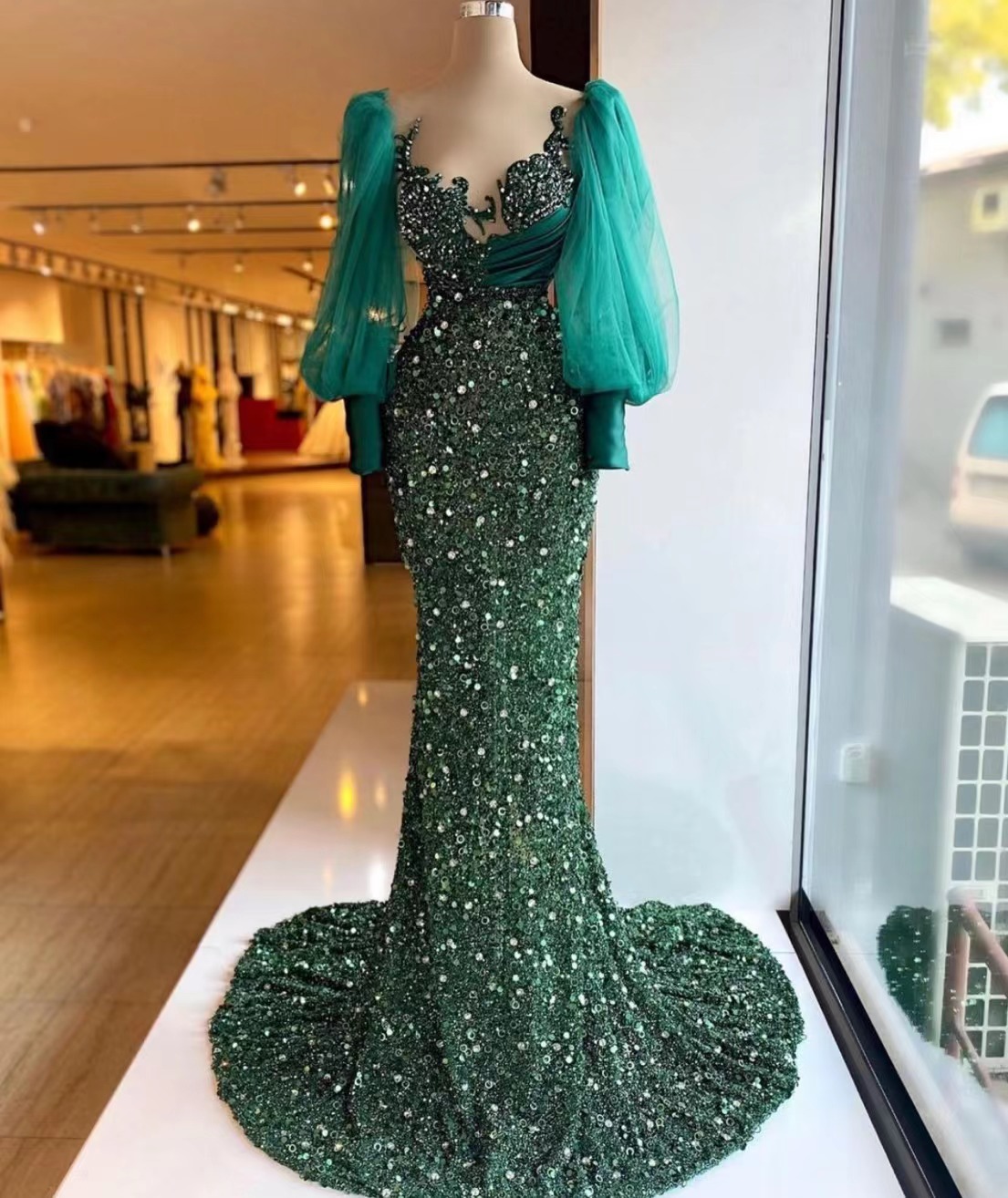 Hunter Green Evening Dresses Long Sleeve Modest Elegant Sparkly Mermaid Luxury Formal Party Dresses Women Evening Gown