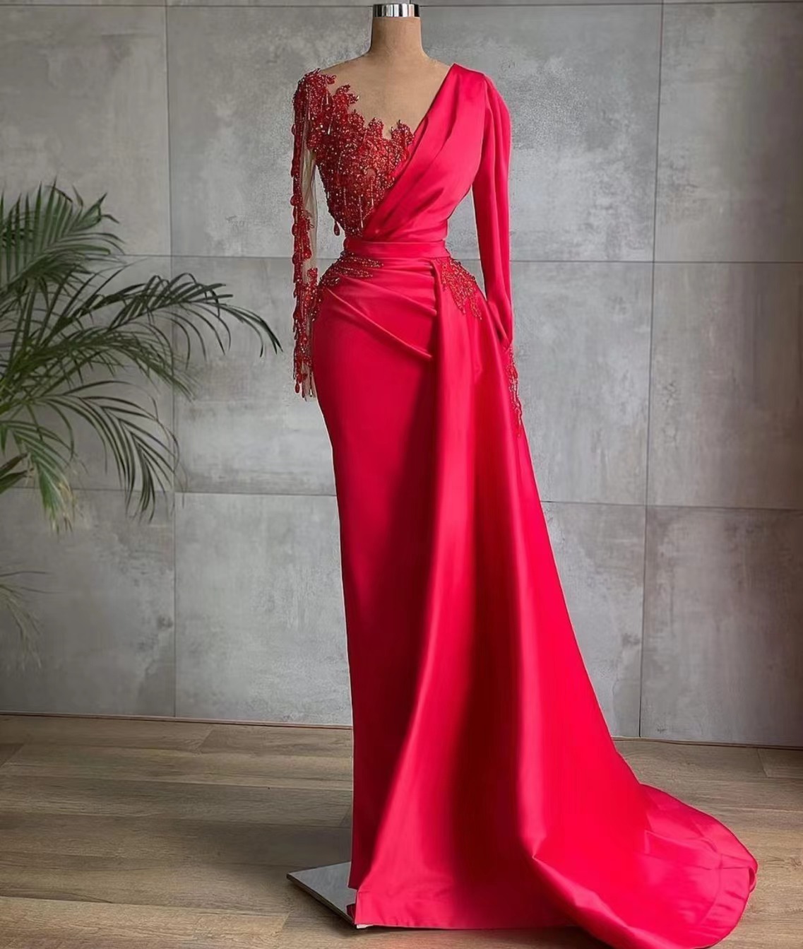 Long Sleeve Red Evening Dresses 2023 Elegant Lace Applique Mermaid Modest Simple Formal Evening Gown Party Dresses 2024 Abendkleider