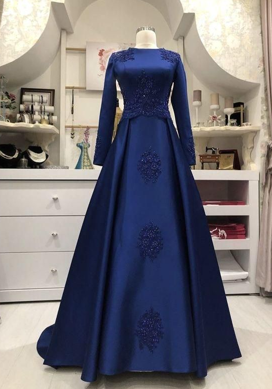 Navy Blue Prom Dresses Vintage Lace Applique Beaded Long Sleeve Elegant Muslim Prom Gown Robes De Cocktail
