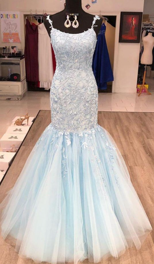 Light Blue Mermaid Evening Dresses Long Spaghetti Strap Elegant Lace Applique Elegant Formal Party Dress Vestido De Noche