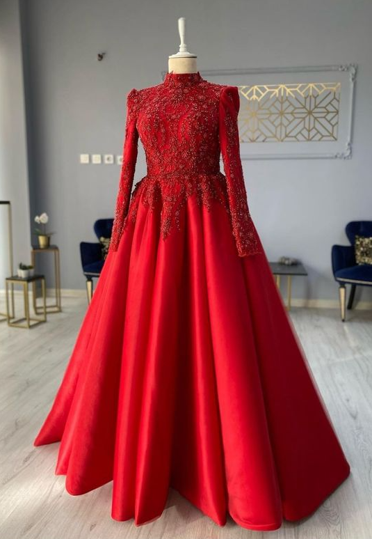 High Neck Red Prom Dresses Long Sleeve Lace Applique Beaded Tulle Elegant Lace Applique Prom Gown Robes De Cocktail