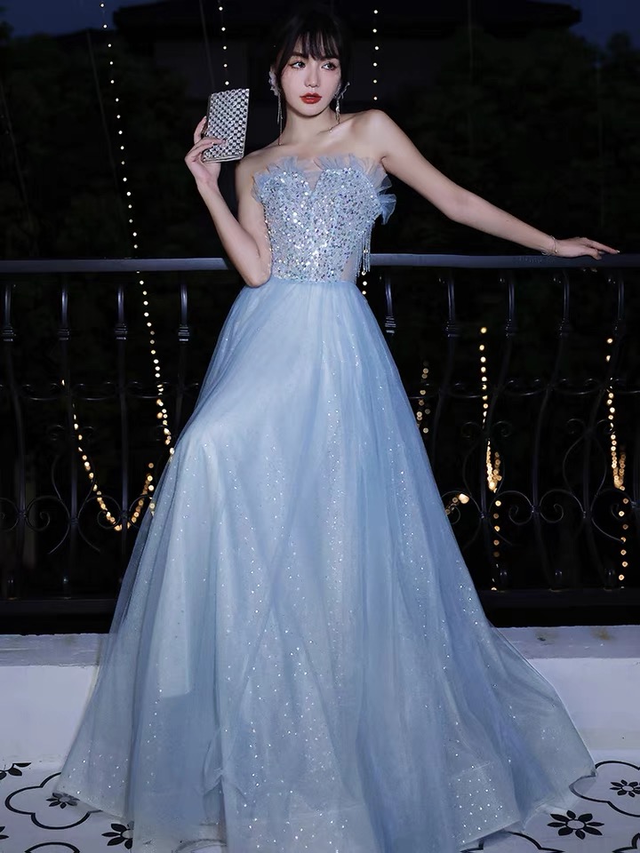 sparkly blue prom dresses 2021 tulle a line floor length cheap simple elegant prom gown 2022 robe de soiree 