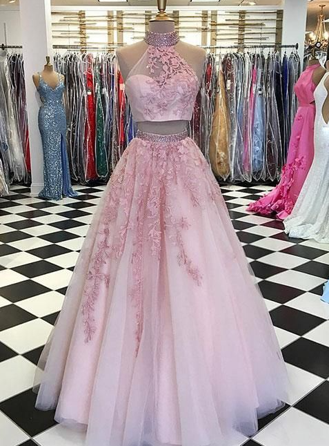 2 Piece Prom Dresses High Neck Lace Applique Beaded A Line Tulle Elegant Prom Gown Robe De Cocktail