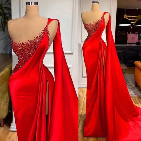 One Shoulder Red Prom Dresses Beaded Luxury Satin Elegant Vintage Prom Gown Vestidos De Noche