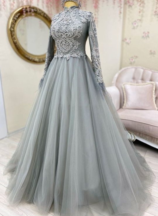 Lace Applique Vintage Prom Dresses Long Sleeve Elegant High Neck Silver Tulle A Line Prom Gown Robe De Soiree Femme