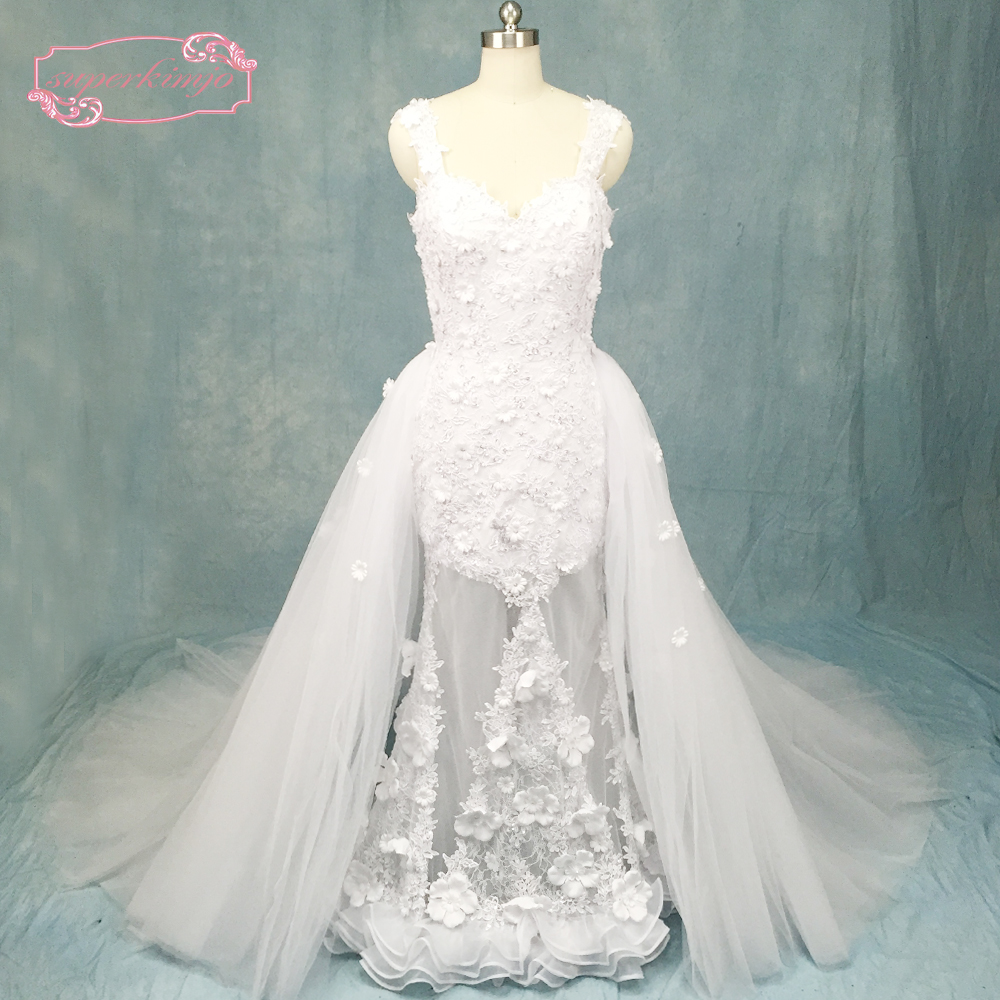 White Wedding Dresses With Detachable Skirt Lace Applique 3d Flowers Elegant Bridal Dresses Wedding Gown Vestidos De Novia
