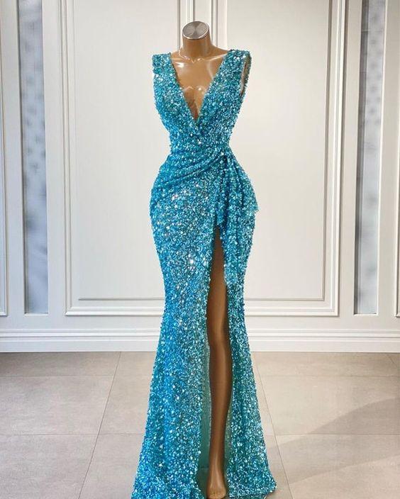 Sparkly Bling Evening Dresses Long V Neck Sequin Mermaid Blue Elegant Modest Evening Gown Robe De Soiree