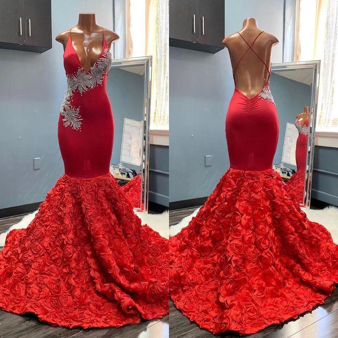 Luxury Red Evening Dresses Long Beaded Lace Applique Mermaid 3d Flowers Modest Evening Gown Vestido De Noche