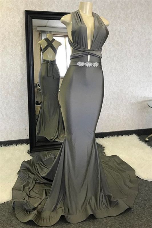 Halter Evening Dresses Long Mermaid Gray Beaded Simple Elegant Modest Formal Party Dress Vestidos De Fiesta