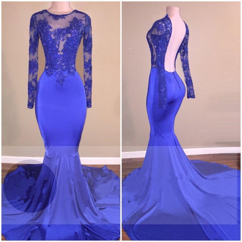 Backless Long Sleeve Evening Dresses 2024 Lace Applique Royal Blue Beaded Mermaid Elegant Formal Dress Vestidos De Fiesta 2025