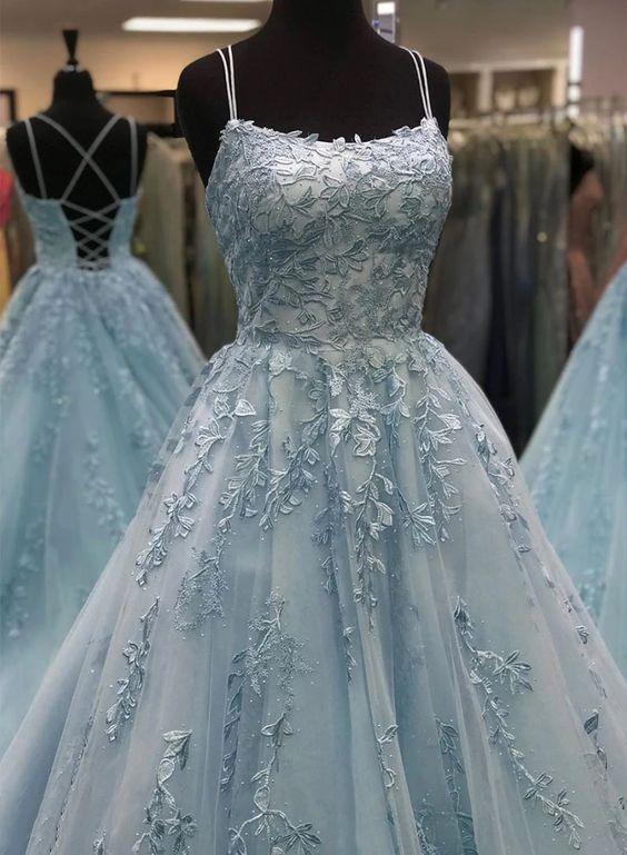 Spaghetti Strap Blue Prom Dresses 2024 Lace Applique Elegant A Line Prom Gown Robe De Cocktail 2025