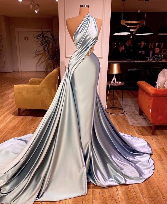 One Shoulder Prom Dresses 2023 Beaded Satin A Line Detachable Satin