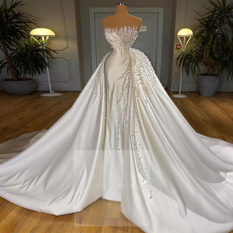 luxury wedding dresses white satin beaded peals detachable skirt elegant wedding gown bridal dresses vestidos de novia 